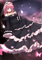  1girl alternate_costume black_dress breasts butterfly daiaru dress hat highres hitodama long_hair pink_eyes pink_hair ribbon saigyouji_yuyuko solo touhou 