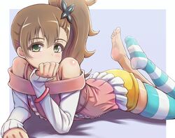  1girl bare_shoulders brown_hair butterfly_hair_ornament chousoku_henkei_gyrozetter green_eyes hair_ornament highres inaba_rinne looking_at_viewer side_ponytail single_thighhigh striped striped_legwear thigh-highs tori@gununu 