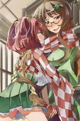  2girls apron brown_eyes brown_hair futatsuiwa_mamizou glasses motoori_kosuzu multiple_girls redhead scarf touhou yohane 