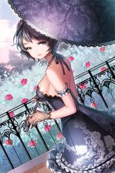  1girl aile_(crossroads) bare_shoulders black_hair dress flower green_eyes lips original parasol short_hair smile solo umbrella 