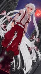  1girl absurdres belt boots close-up dutch_angle fujiwara_no_mokou full_moon hair_ribbon highres long_hair long_sleeves moon night puffy_long_sleeves puffy_sleeves puroheshi red_eyes ribbon shoes solo suspenders touhou tress_ribbon very_long_hair walking white_hair 