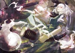  1girl arm_up ascot dress dual_wielding green_dress hair_ribbon katana konpaku_youmu konpaku_youmu_(ghost) looking_at_viewer puffy_sleeves red_eyes ribbon shirt short_hair short_sleeves silver_hair smirk solo sword total touhou weapon 