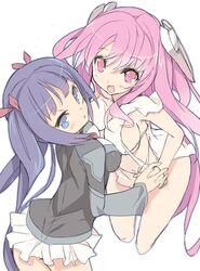  blade_(lovewn) blue_eyes breast_press breasts hair_ribbon holding_hands pink_eyes pink_hair purple_hair ribbon robot_ears sideboob skirt symmetrical_docking twintails 