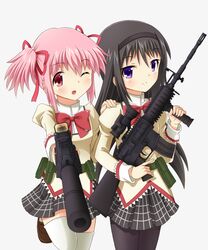  2girls akemi_homura assault_rifle black_hair bow gun h&amp;k_mp7 hair_ribbon hairband hand_on_shoulder kaname_madoka long_hair mahou_shoujo_madoka_magica multiple_girls open_mouth pantyhose pink_eyes pink_hair ribbon rifle school_uniform scope short_hair skirt smile submachine_gun suppressor thigh-highs violet_eyes weapon white_legwear wink yoshitani_(aminosan) 