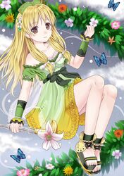  1girl atelier_(series) ayesha_altugle bare_shoulders blonde_hair brown_eyes butterfly ikeda_yuuki long_hair sandals solo 
