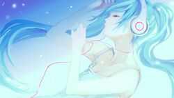  1girl aqua_hair closed_eyes hatsune_miku headphones sleeping solo twintails vocaloid zombie_neko 