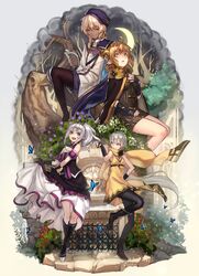  4girls blonde_hair blue_eyes book brown_eyes butterfly cape dark_skin dress gloves grey_hair hat highres horn long_hair multiple_girls open_mouth pixiv_fantasia pixiv_fantasia_new_world pointy_ears ponytail red_eyes ryuuzaki_itsu scarf short_hair sitting skirt smile tree white_hair 