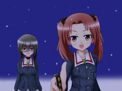  2girls black_hair bow brown_eyes brown_hair evil_eyes evil_smile girls_und_panzer hair_bow isosceles_triangle_(xyzxyzxyz) kadotani_anzu kawashima_momo long_hair looking_at_viewer monocle multiple_girls open_mouth short_hair smile snow snowing twintails uniform 