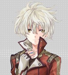 1boy atelier_(series) atelier_escha_and_logy fingerless_gloves gloves grey_background jacket logix_ficsario male polka_dot polka_dot_background shuu_(shu-nm) smile solo white_hair yellow_eyes 
