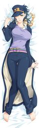  barefoot belt black_hair breasts chain dakimakura gakuran genderswap green_eyes hat highres jojo_no_kimyou_na_bouken kotatsu0803 kuujou_joutarou large_breasts long_coat long_hair school_uniform 