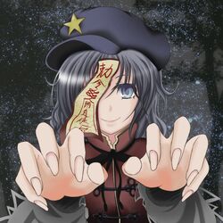  1girl blue_eyes fangs hat miyako_yoshika ofuda outstretched_arms smile star tagme touhou yoitosui 