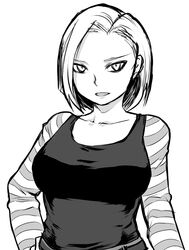  1girl android android_18 breasts dragon_ball dragon_ball_z hand_on_hip large_breasts milf monochrome short_hair smile solo striped tsukudani_(coke-buta) 