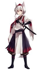  1girl animal_ears belt bridal_gauntlets hat hat_ribbon highres hug_(artist) inubashiri_momiji katana long_sleeves red_eyes ribbon shirt short_hair simple_background skirt solo sword tail tokin_hat touhou weapon white_background wide_sleeves wolf_ears wolf_tail 