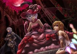  1020ruka 3girls armor bat_wings blindfold blonde_hair blood blue_eyes blue_hair braid chain flandre_scarlet flower full_moon gloves hat izayoi_sakuya jewelry leash mask moon multiple_girls necklace night red_eyes red_moon remilia_scarlet rose short_hair silver_hair smile sword touhou weapon wings 