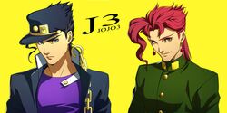  2boys black_hair chain cherry earrings food fruit gakuran green_eyes hat jewelry jojo_no_kimyou_na_bouken kakyouin_noriaki kotatsu0803 kuujou_joutarou long_coat multiple_boys parody persona persona_4 redhead school_uniform style_parody 