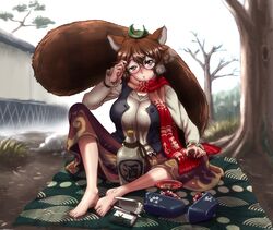  1girl animal_ears bottle breasts futatsuiwa_mamizou highres kezune leaf leaf_on_head notebook raccoon_ears raccoon_tail sake scarf solo tail touhou 