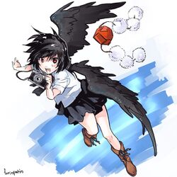  boots camera flying furinpurin hat hat_removed headwear_removed shameimaru_aya signature smile solo touhou 