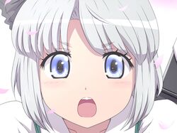  1girl blue_eyes cherry_blossoms close-up eyelashes face hair_ribbon konpaku_youmu looking_at_viewer open_mouth ribbon shirosato silver_hair simple_background solo touhou white_background 