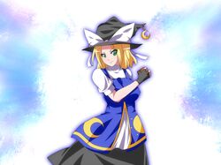  1girl blonde_hair bow fal_(falketto) fusion green_eyes hat kirisame_marisa mima moon short_hair smile solo sun touhou witch_hat 