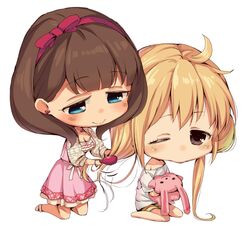  2girls aida_takanobu blonde_hair blue_eyes blush breasts brown_eyes brown_hair chibi choker cleavage collarbone com futaba_anzu hairband heart idolmaster idolmaster_cinderella_girls kneeling long_hair multiple_girls off_shoulder rabbit sakuma_mayu short_hair short_sleeves short_twintails stuffed_animal stuffed_toy twintails very_long_hair white_background wink 
