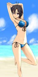  1girl armpits beach bikini black_hair collarbone highres idolmaster kikuchi_makoto midriff navel ryuusama short_hair solo string_bikini swimsuit violet_eyes 