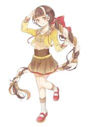  blonde_hair bow braid brown_eyes brown_hair hair_bow hair_ornament highres long_hair mary_janes multicolored_hair nou original salute shoes skirt socks very_long_hair 