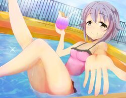  1girl azuki_cha cherry collarbone food fruit glass idolmaster idolmaster_cinderella_girls juice koshimizu_sachiko one-piece_swimsuit short_hair silver_hair smile solo straw swimsuit water yellow_eyes 