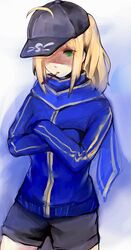  1girl baseball_cap blonde_hair blush crossed_arms fate/stay_night fate_(series) green_eyes hat heroine_x long_hair long_sleeves msasi pocky ponytail saber shorts solo track_jacket 