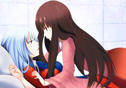  2girls blue_eyes breasts brown_eyes brown_hair dress houraisan_kaguya japanese_clothes long_hair multiple_girls on_bed silver_hair touhou yagokoro_eirin yoi_tosui yuri 