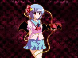  1girl bat_wings blue_hair bow choker eyeball fal_(falketto) fusion hair_bow hair_ribbon heart komeiji_satori miniskirt open_mouth red_eyes remilia_scarlet ribbon short_hair skirt solo third_eye touhou wings 