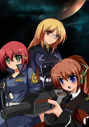  3girls absurdres aiming artist_request blonde_hair blue_eyes brown_hair dog_tags glasses green_eyes gun hair_ornament hair_ribbon hairclip highres long_hair military military_uniform multiple_girls planet planetside ponytail redhead ribbon rifle science_fiction short_hair uniform weapon yellow_eyes 