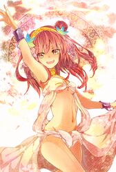  1girl armpits choker cuffs dancing hair_bun hairband handcuffs harem_outfit jewelry magi_the_labyrinth_of_magic midriff miko_(s1748s) morgiana navel red_eyes redhead 