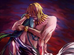  2boys blonde_hair blood bracelet ch3507 enkidu_(fate/strange_fake) fate/strange_fake fate_(series) gilgamesh green_hair hug jewelry long_hair multiple_boys necklace red_eyes tears toga 