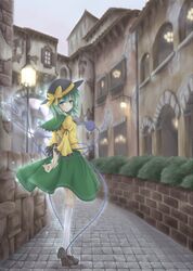  1girl blush city eyeball green_eyes green_hair hat hat_ribbon heart heart_of_string kirieroido_iii komeiji_koishi lamppost light long_sleeves looking_back ribbon road short_hair skirt smile socks solo street third_eye touhou white_legwear 