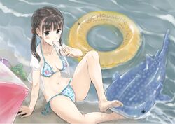  1girl barefoot beach bikini black_eyes black_hair blush dirty_feet fujita_hidetoshi innertube legs long_hair navel original popsicle sitting solo swimsuit twintails water 