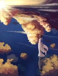  1girl brown_hair clouds highres japanese_clothes kara_no_kyoukai kimono lens_flare obi reflection ripples ryougi_shiki short_hair solo water wei_ji 