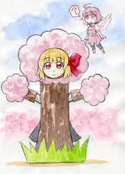  2girls :< ? ahoge costume flying kawachi_koorogi multiple_girls mystia_lorelei rumia touhou tree 