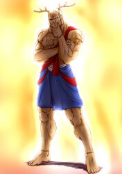  1boy adapted_costume antlers bald barefoot chin_stroking eyepatch full_body highres kuroi_ekaki muscle sagat scar skirt solo street_fighter 