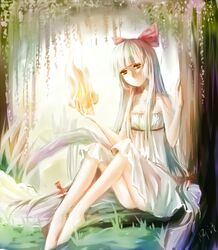  arm dress feet fire forest fujiwara_no_mokou hair_ribbon hands leg_lift long_hair nature red_eyes ribbon thighs touhou tree white_dress white_hair 