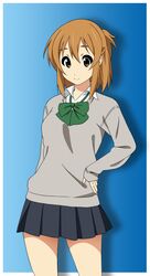  1girl brown_eyes brown_hair fukuoka_katsumi hand_on_hip original school_uniform short_hair sweater touka_(fukuoka_katsumi) 
