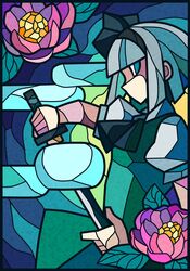  1girl azuki-taste bob_cut dress faux_traditional_media flower green_eyes grey_hair hair_ribbon hairband highres konpaku_youmu ribbon short_hair solo stained_glass sword touhou weapon 