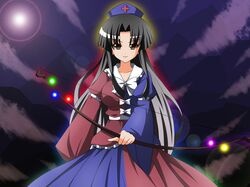  1girl aura black_hair bow bow_(weapon) dress fal_(falketto) fusion gradient_hair hat houraisan_kaguya lens_flare long_hair multicolored_hair silver_hair smile solo touhou weapon yagokoro_eirin yellow_eyes 