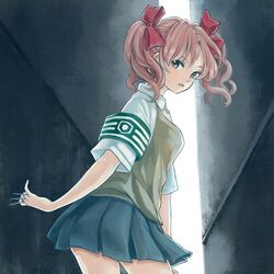  1girl bow brown_hair from_behind hair_bow highres looking_back needle school_uniform shirai_kuroko skirt to_aru_kagaku_no_railgun to_aru_majutsu_no_index twintails 