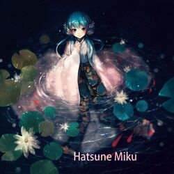  1girl aqua_eyes aqua_hair character_name hair_ornament hairclip hatsune_miku lily_pad partially_submerged sep_tember solo vocaloid water 