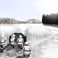  ammo_box anti-tank_gun binoculars cannon helmet highres landscape military military_uniform onparenon original parka snow uniform weapon winter winter_clothes winter_uniform world_war_ii 