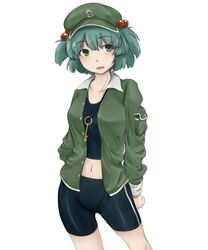  1girl aqua_eyes aqua_hair bike_shorts collarbone hair_bobbles hair_ornament hat highres jewelry kawashiro_nitori key kokko361 long_sleeves midriff navel necklace no_pants open_clothes open_jacket open_mouth shirt short_hair simple_background skirt solo standing touhou twintails white_background 