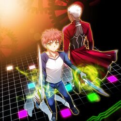  2boys archer dark_skin emiya_shirou fate/stay_night fate_(series) gears kanshou_&amp;_bakuya multiple_boys raglan_sleeves redhead setta_(tokinon) unlimited_blade_works white_hair 