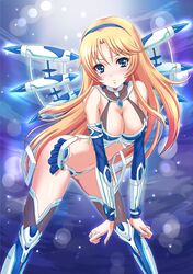  1girl armor blonde_hair blue_eyes bra breasts chaki-yam cleavage elbow_gloves gloves large_breasts leaning_forward legs long_hair long_legs mecha_musume original skirt thigh-highs thighs underwear 