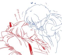  2girls animal_ears arm_behind_head blush closed_eyes fujiwara_no_mokou incipient_kiss mitsumoto_jouji monochrome multiple_girls mystia_lorelei nervous no_hat no_headwear short_hair sleeping touhou yuri 