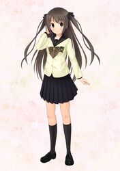  brown_eyes brown_hair hair_ribbon highres kneehighs loafers long_hair meishou_misettei original ribbon school_uniform shoes skirt two_side_up 